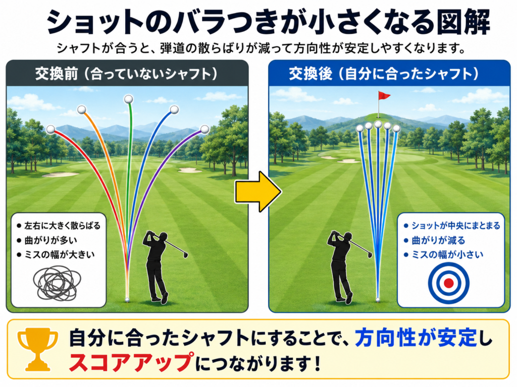 シャフト交換でショットの方向性が安定するイメージ