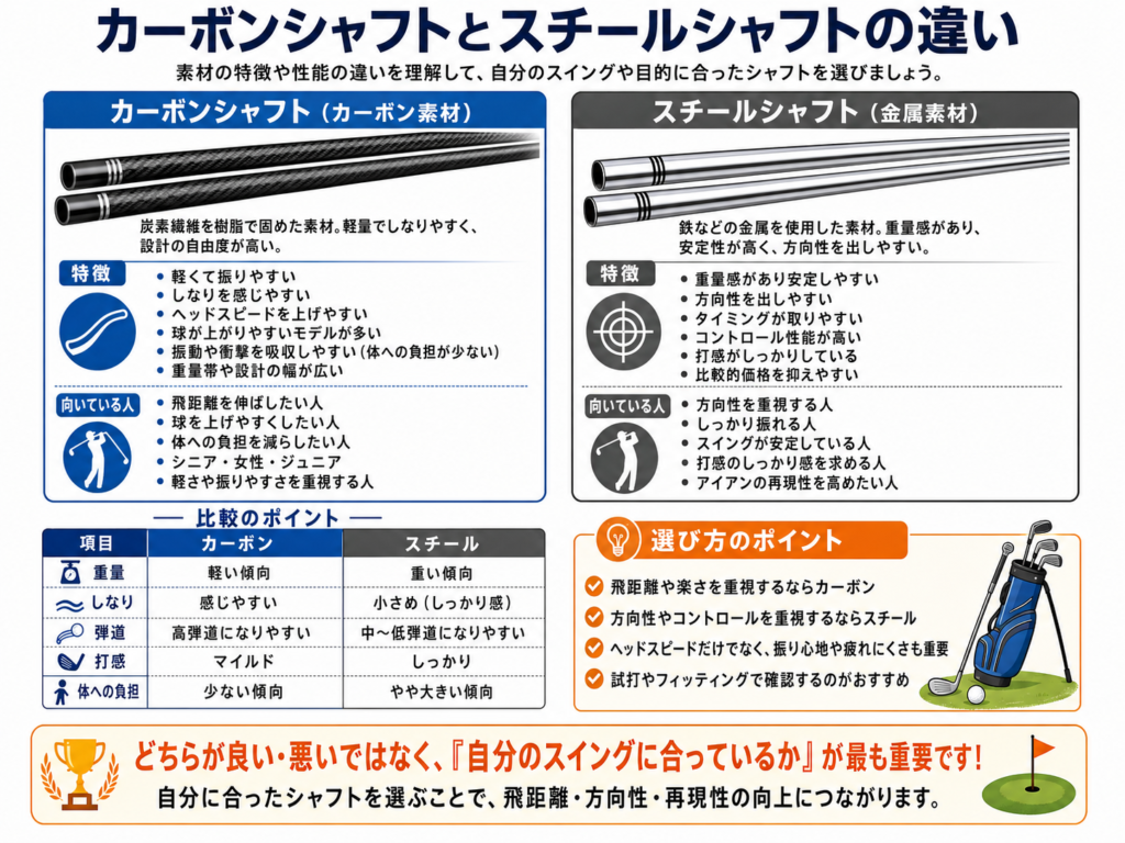 ゴルフのカーボンシャフトとスチールシャフトの違い