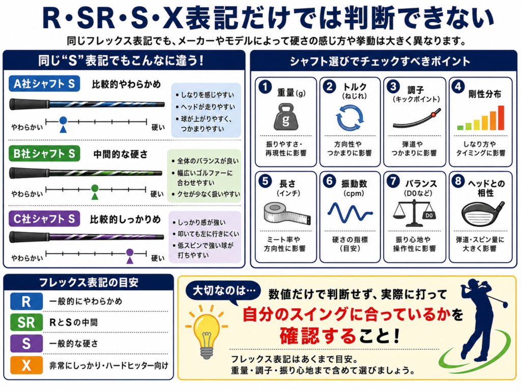 ゴルフシャフトのフレックス表記だけでは硬さを判断できない