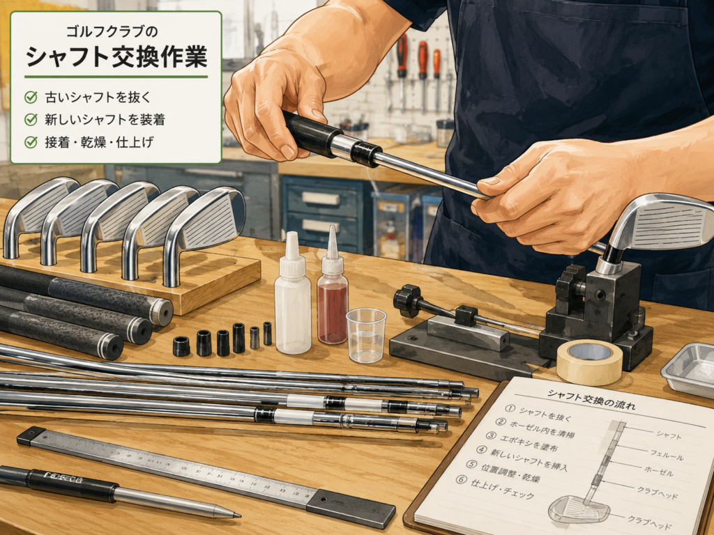 ゴルフ工房でシャフト交換を行う作業イメージ